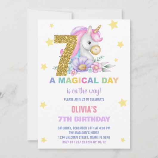 第7フローラユニコーン誕生日招待状 招待状 (正面)