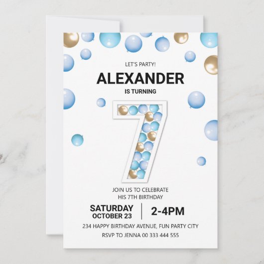 第7回バースデーパーティー、ブルーと金ゴールドバルーンボーイ 招待状 (正面)
