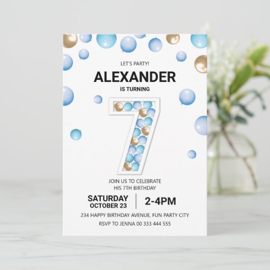 第7回バースデーパーティー、ブルーと金ゴールドバルーンボーイ 招待状 (スタンド正面)