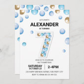 第7回バースデーパーティー、ブルーと金ゴールドバルーンボーイ 招待状 (正面/裏面)