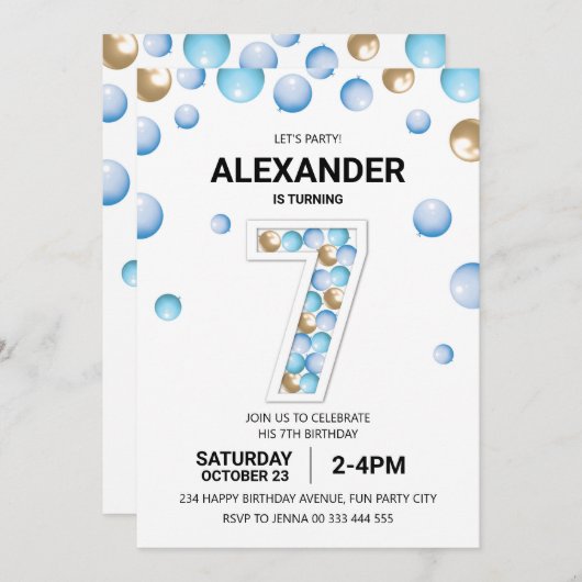 第7回バースデーパーティー、ブルーと金ゴールドバルーンボーイ 招待状 (正面/裏面)
