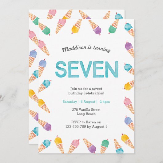 第7回バースデーパーティー | Rainbow Ice Creamのご招待 招待状 (正面/裏面)