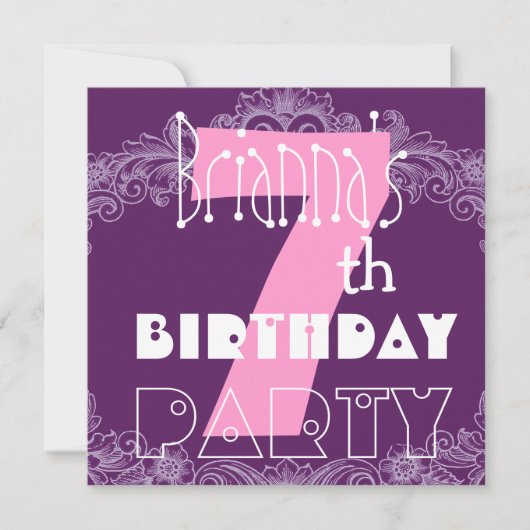 第7女の子のための誕生日のピンクおよび紫色の大きい数 招待状 (正面)