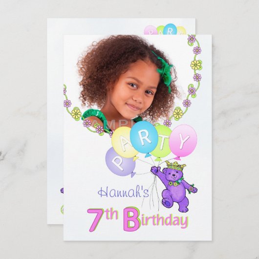 第7誕生会のプリンセスくまのカスタムの写真 招待状 (正面/裏面)