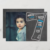 第7誕生日のボーイ·チャルクボード(写真の青い数字) 招待状 (正面/裏面)