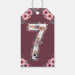 第7誕生日の少女フォトコラージピンクフラワー ギフトタグ