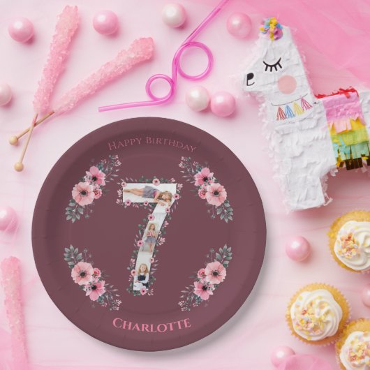第7誕生日の少女フォトコラージピンクフラワー ペーパープレート (パーティー)