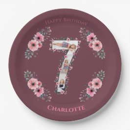 第7誕生日の少女フォトコラージピンクフラワー ペーパープレート