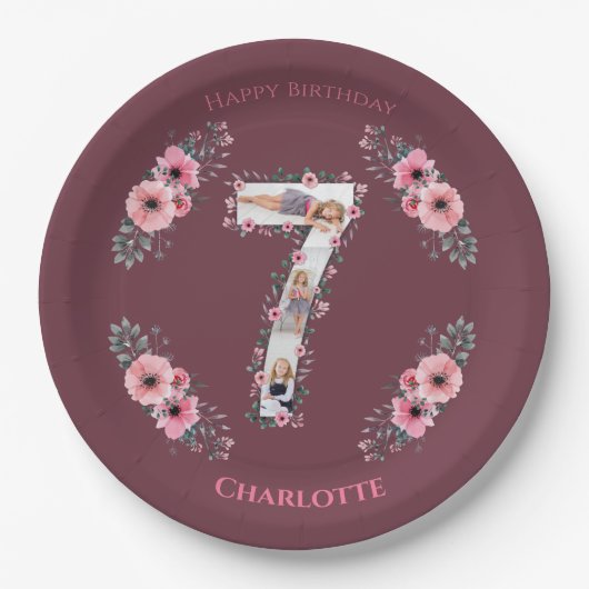 第7誕生日の少女フォトコラージピンクフラワー ペーパープレート (正面)