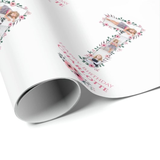 第7誕生日の少女フォトコラージピンクフラワー ラッピングペーパー (ロールコーナー)