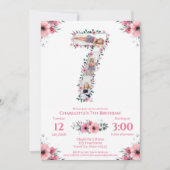 第7誕生日の少女フォトコラージピンクフラワー 招待状 (正面)