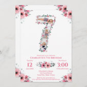 第7誕生日の少女フォトコラージピンクフラワー 招待状 (正面/裏面)