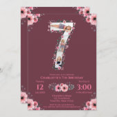 第7誕生日の少女フォトコラージピンクフラワー 招待状 (正面/裏面)