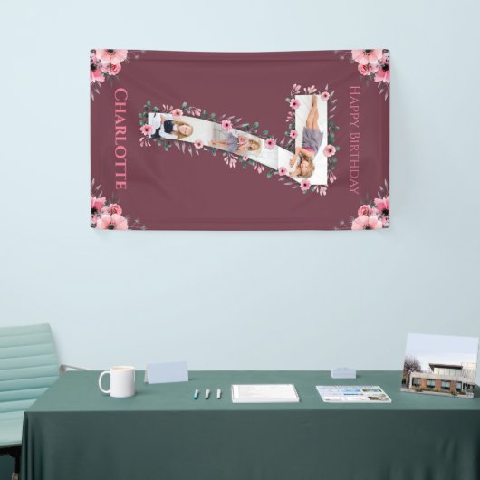 第7誕生日の少女フォトコラージピンクフラワー 横断幕 (トレードショー)
