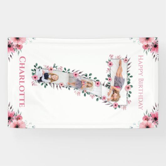 第7誕生日の少女フォトコラージピンクフラワー 横断幕 (横)