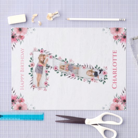 第7誕生日の少女フォトコラージピンクフラワー 薄葉紙 (クラフト)