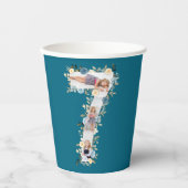 第7誕生日ティール（緑がかった色）フォトコラージブルーイエローフラワー 紙コップ (正面)