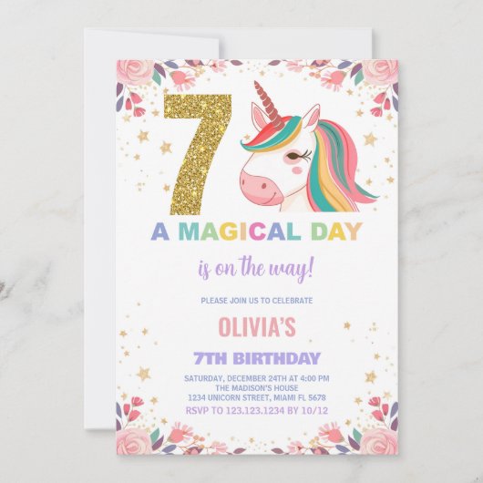第7誕生日ユニコーン誕生日招待状 招待状 (正面)