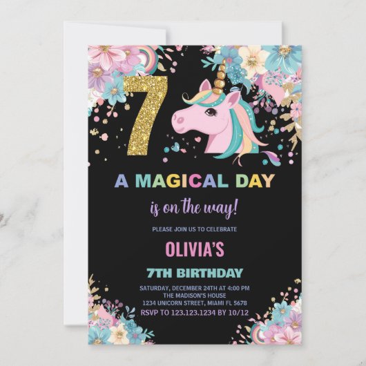 第7誕生日ユニコーン誕生日招待状 招待状 (正面)
