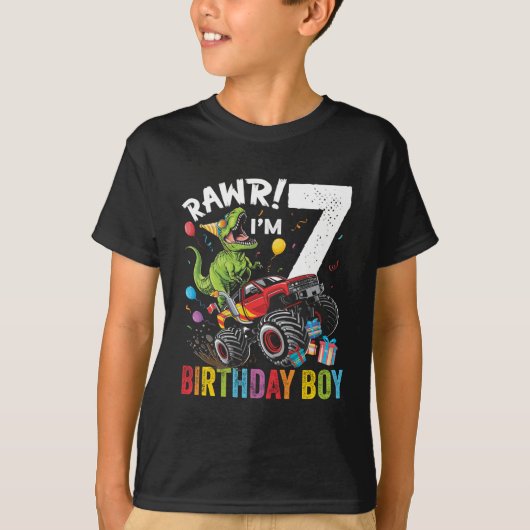 第7誕生日少年の恐竜のモンスタートラック Tシャツ (正面)