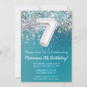 第7誕生日招待状ティール(緑がかった色)シルバーグリッター 招待状 (正面)