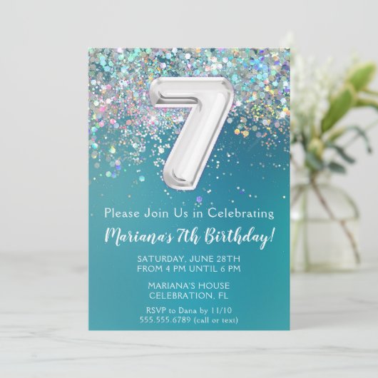 第7誕生日招待状ティール(緑がかった色)シルバーグリッター 招待状 (スタンド正面)