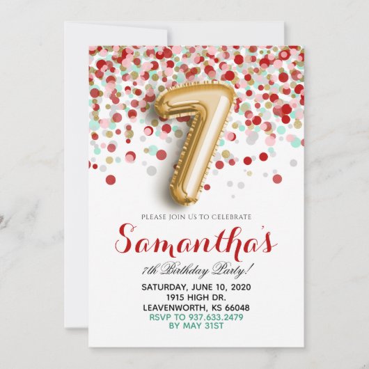 第7誕生日紙吹雪招待状 招待状 (正面)