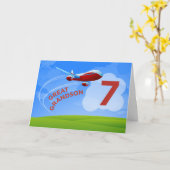 第7誕生日、ひ孫、赤い飛行機 カード (黄色い花)