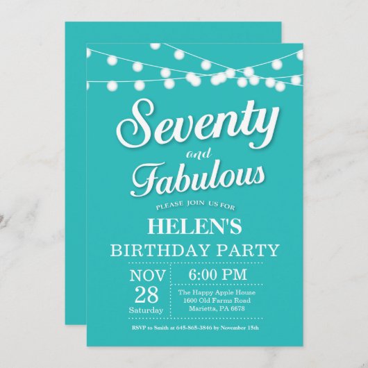 第70すばらしい誕生日の招待状の水のターコイズ 招待状 (正面/裏面)