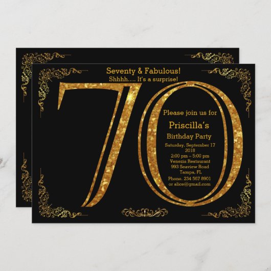 第70の誕生会、70、Gatsbyの黒い金ゴールド 招待状 (正面/裏面)