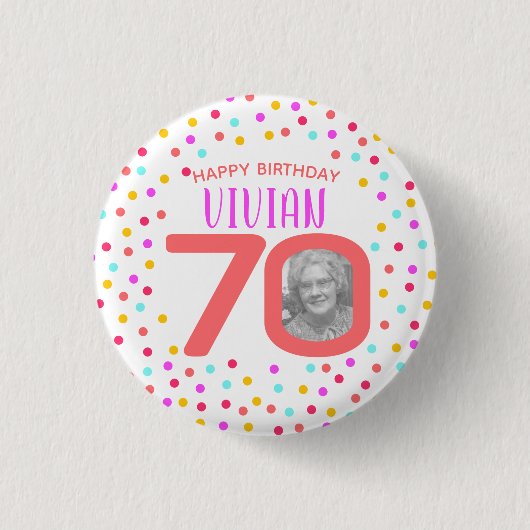 第70カスタムな写真の多彩な珊瑚の紙吹雪の誕生日 缶バッジ (正面)