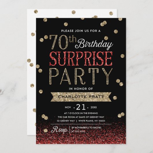 第70グリッター紙吹雪サプライズパーティの招待状 招待状 (正面/裏面)