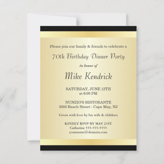 第70バースデーパーティ招待状のフォーマルで黒い金ゴールド 招待状 (裏面)