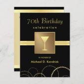 第70バースデーパーティ招待状のフォーマルで黒い金ゴールド 招待状 (正面/裏面)