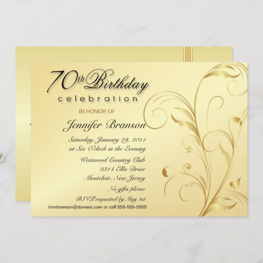 第70モノグラムとのバースデーパーティ招待状の金ゴールド 招待状 (正面/裏面)