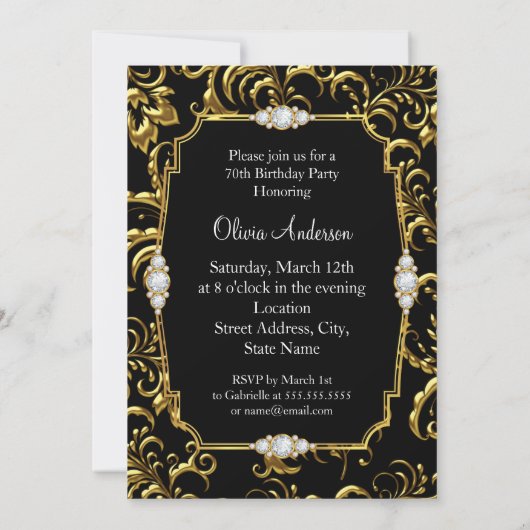第70回エレガント金ゴールドボウブラックダイヤモンドバースデーパーティー 招待状 (裏面)