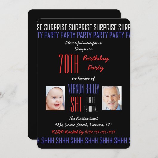 第70回サプライズ誕生日パーティー彼の写真を見る 招待状 (正面/裏面)