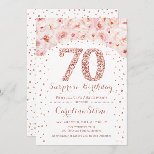 第70回サプライズ誕生日パーティー – ホワイトローズ金ゴールド 招待状 (正面/裏面)