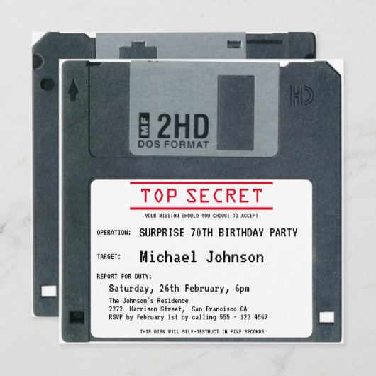 第70回サプライズ誕生日パーティーTop Secret 80sディスク 招待状 (正面/裏面)