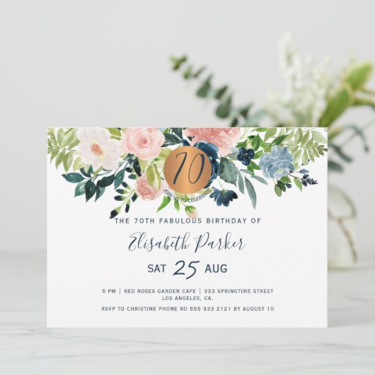 第70回ネイビーモダンフローラ水彩誕生日パーティー 招待状 (スタンド正面)