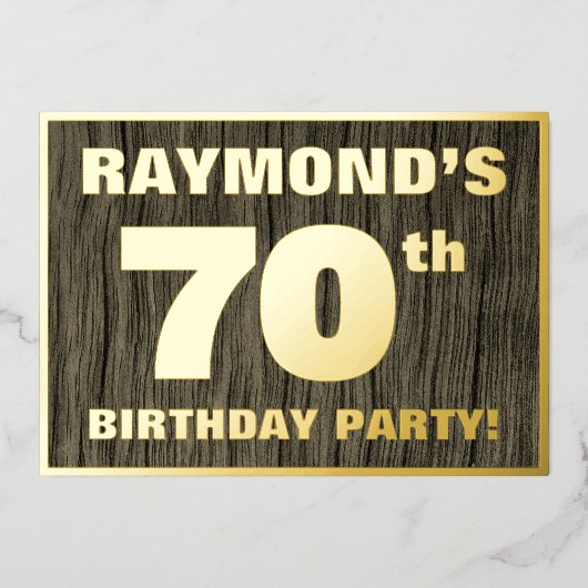 第70回バースデーパーティはっきりしたー:木フェイク目の模様 箔招待状 (正面)