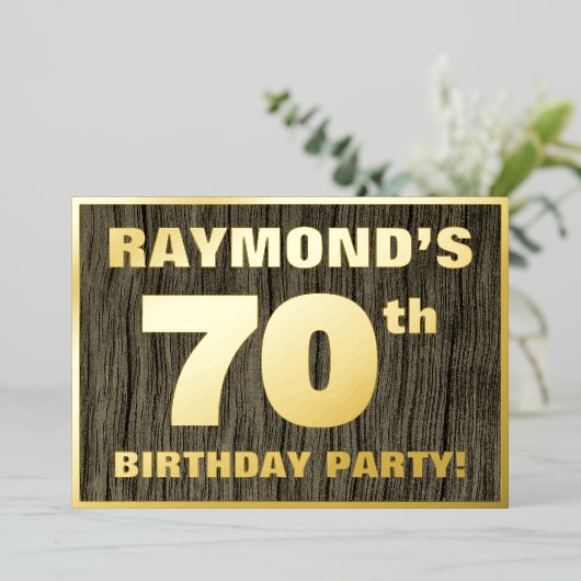 第70回バースデーパーティはっきりしたー:木フェイク目の模様 箔招待状 (立ち正面)