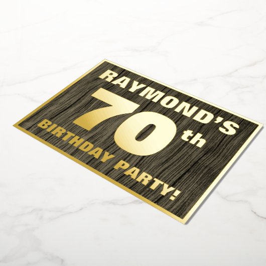 第70回バースデーパーティはっきりしたー:木フェイク目の模様 箔招待状 (回転した状態)