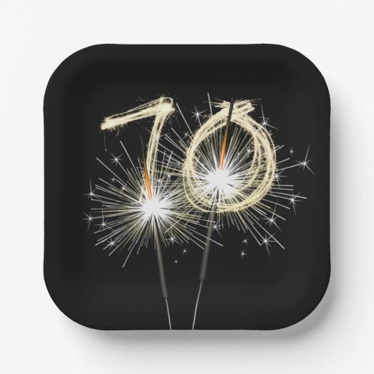 第70回バースデーパーティーのスパーカーズオンブラック ペーパープレート (正面)