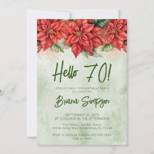 第70回バースデーパーティークリスマスポインセチアフローラ 招待状 (正面)