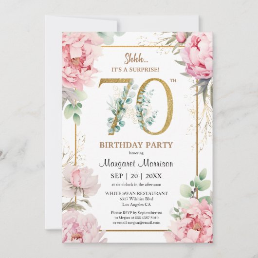 第70回バースデーパーティーピンク牡丹エレガントフローラ 招待状 (正面)