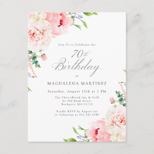 第70回バースデーパーティーフェミニンピンクフローラインビタ インビテーションポストカード (正面)