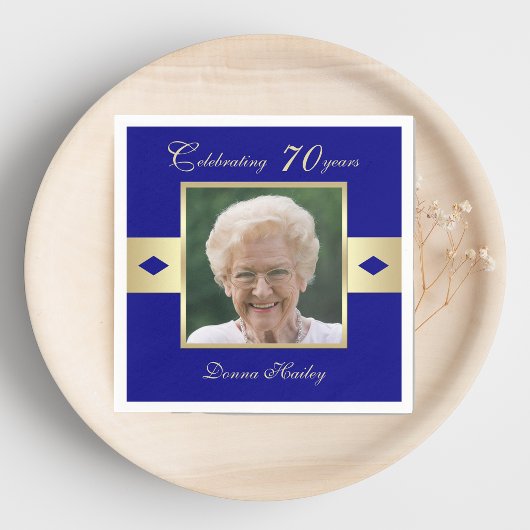 第70回バースデーパーティー写真オンネイビーブルー紙 スタンダードカクテルナプキン