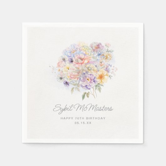 第70回バースデーパーティー水彩フローラカスタム スタンダードカクテルナプキン (正面)
