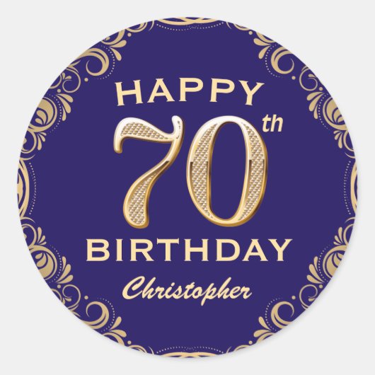 第70回バースデーパーティー海軍ブルーと金ゴールドグリッター ラウンドシール (正面)